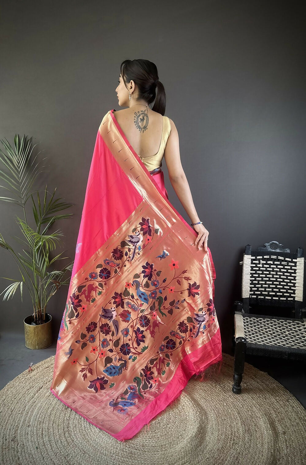 Pink Floral Paithani Saree with Unstitched Blouse Piece