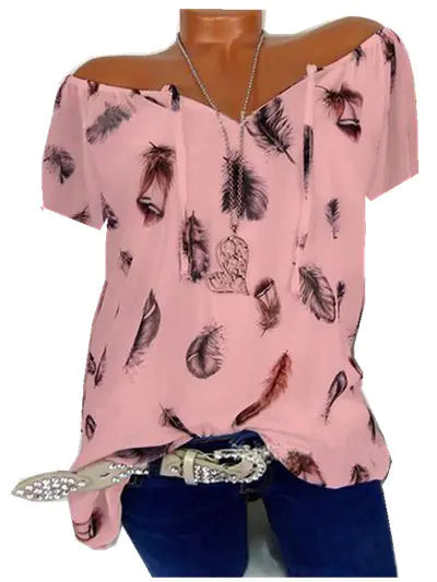 Women's Loose Fit V-Neck Feather Print Blouse Casual Summer Top - Image 44
