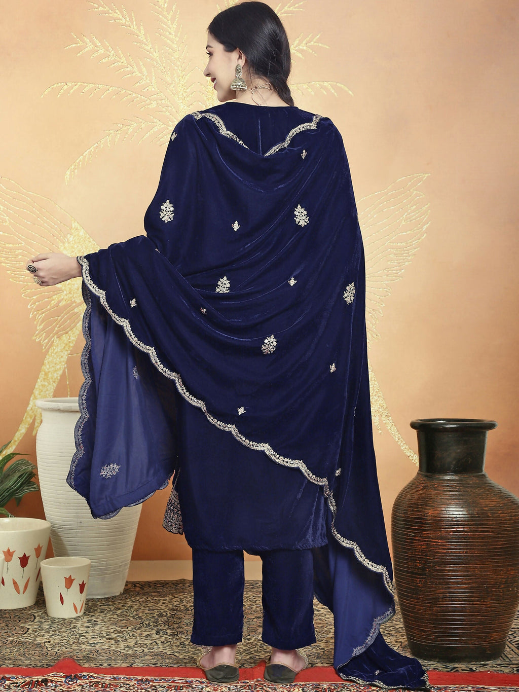 Navy Blue Velvet Straight Kurta Set with Sequin & Resham Embroidery