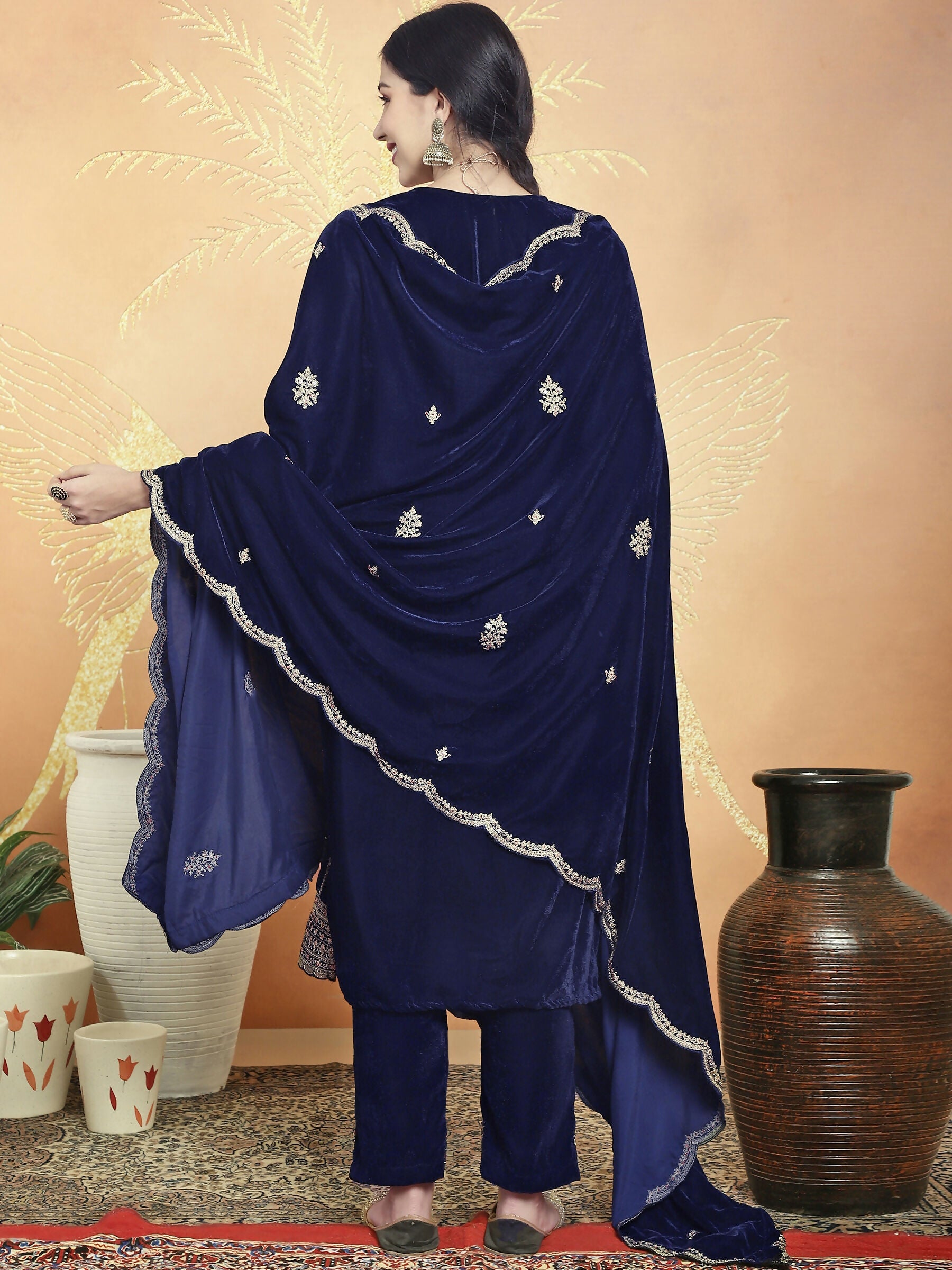 Navy Blue Velvet Straight Kurta Set with Sequin & Resham Embroidery