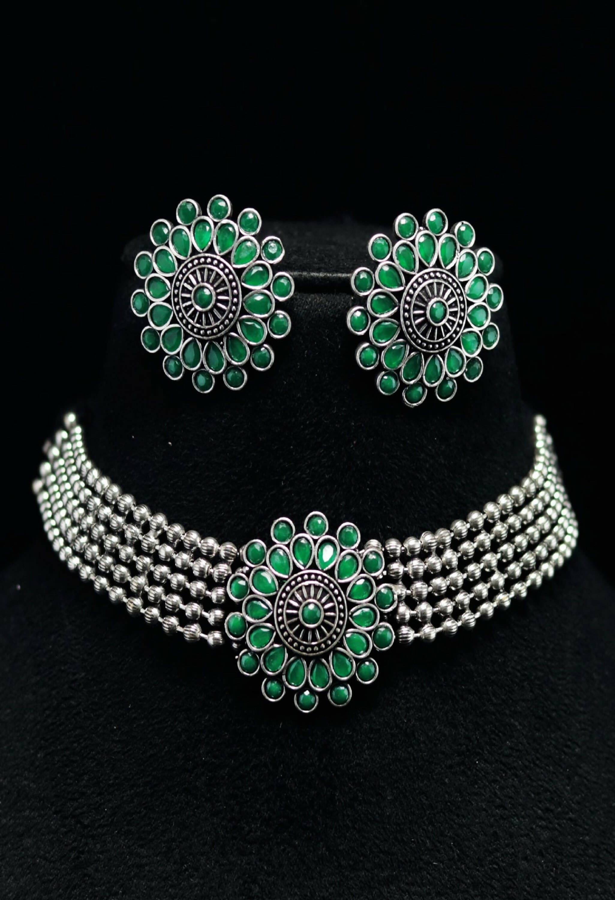 Green Kundan Choker Necklace in Oxidised Silver-Plated Finish