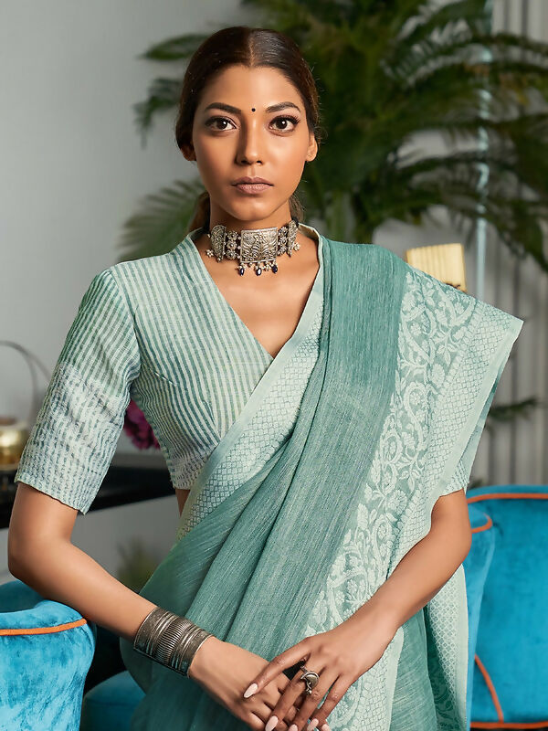 Sea Green Woven Linen Saree with Zari Border and Tassels