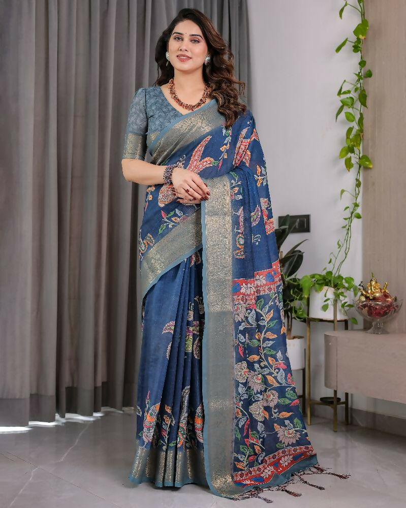 Blue Pure Handloom Linen Saree for Elegant Daily Wear