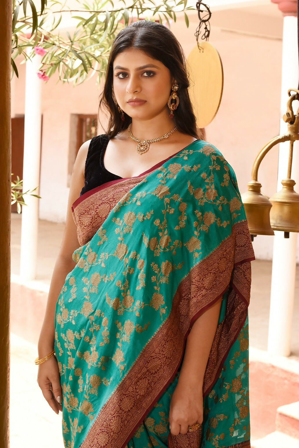 Teal Green Crepe Chiffon Handloom Banarasi Silk Saree