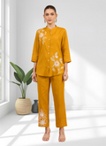 Mustard colored cotton linen cord set with embroidery