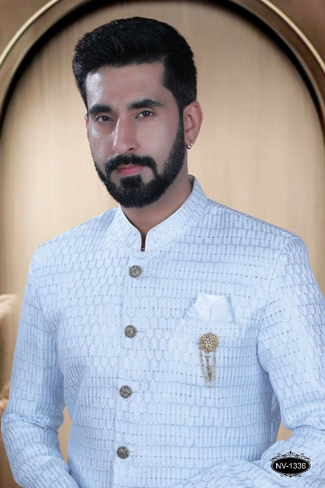Blue and White Cotton Silk Ethnic Kurta Pyjama for Boys
