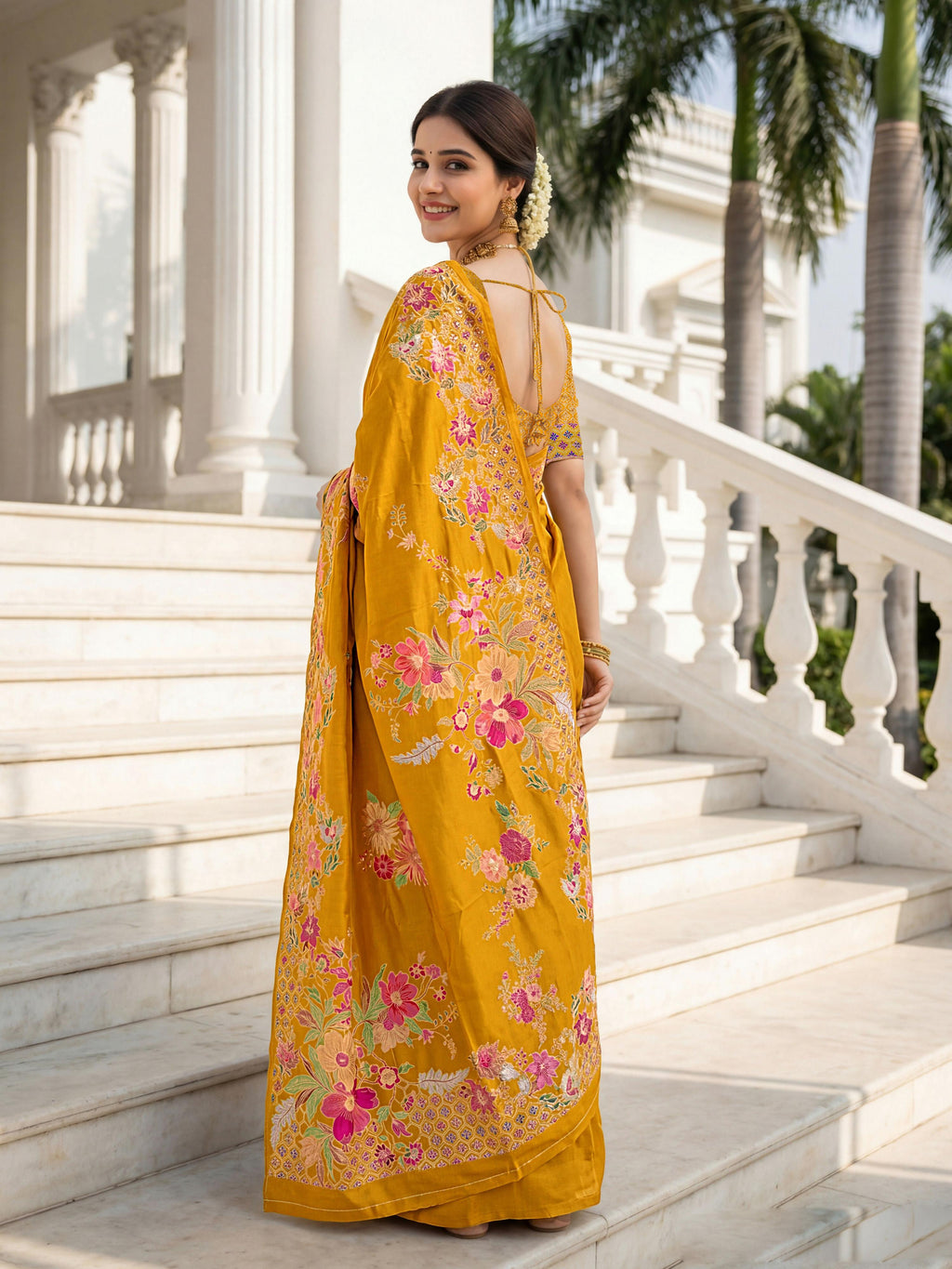 Mustard Russian Silk Designer Saree with Floral Position Print