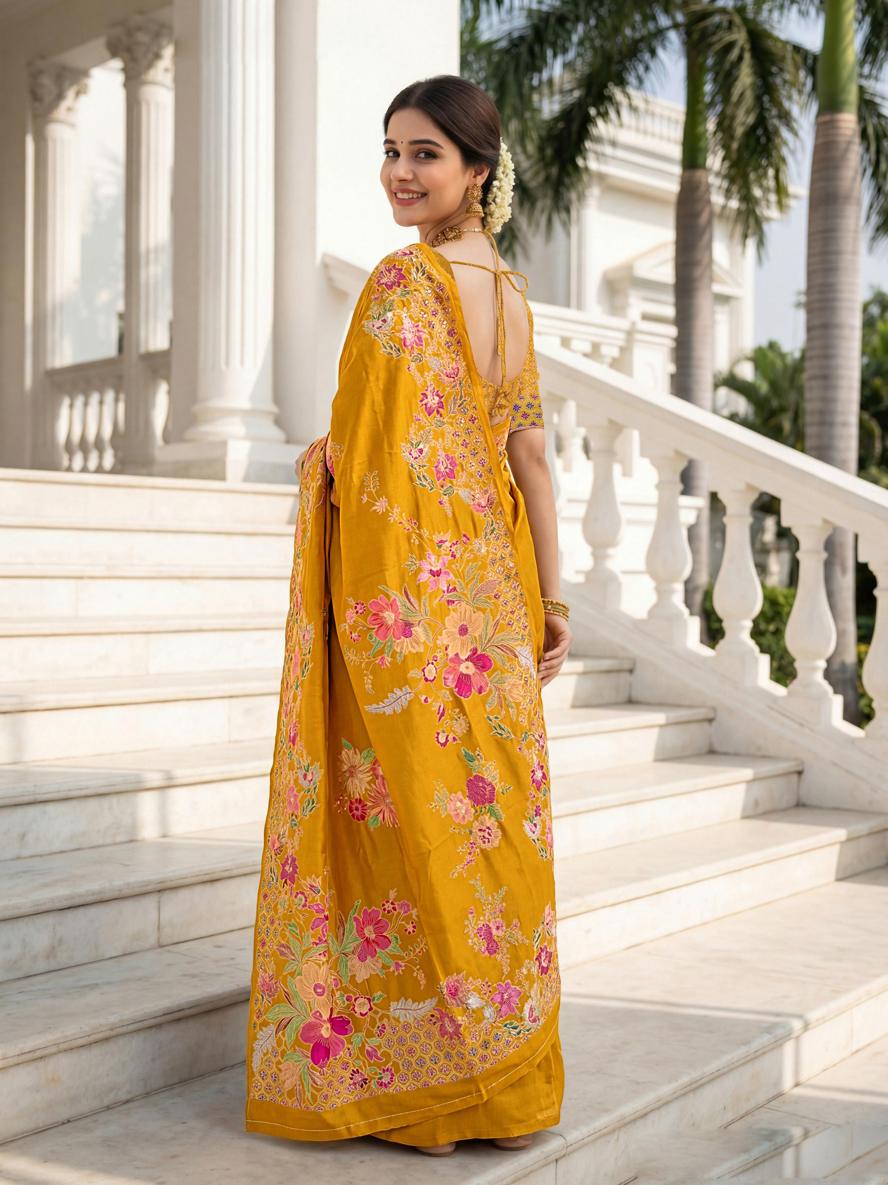 Mustard Russian Silk Designer Saree with Floral Position Print