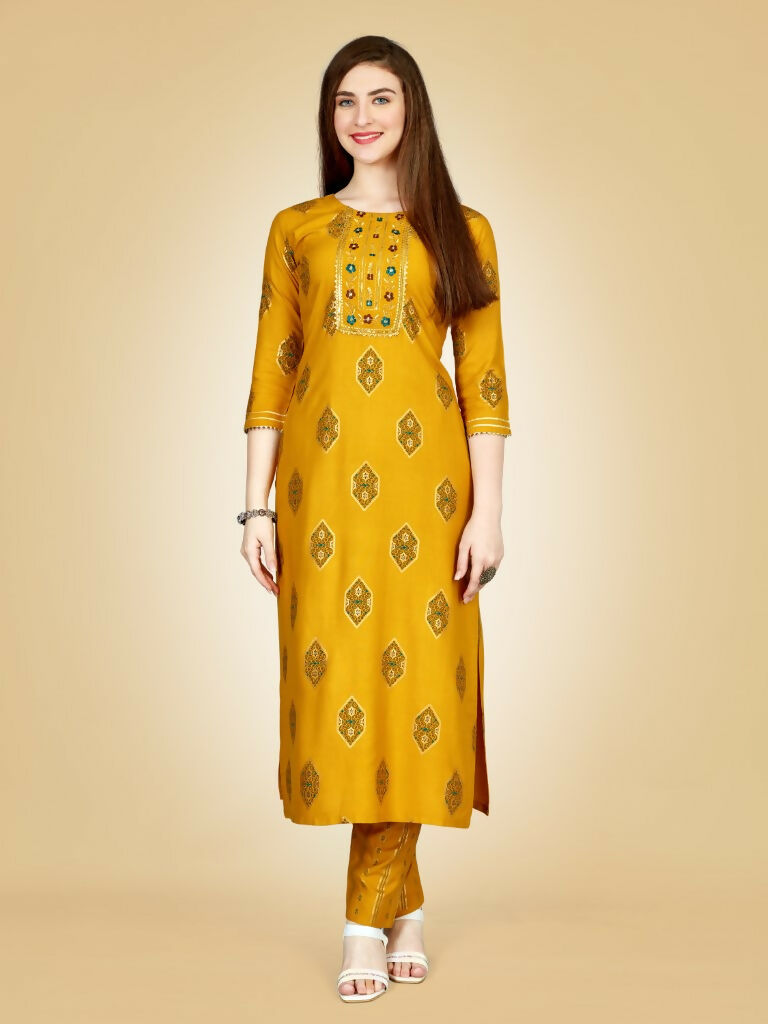 Women's Yellow Viscose Rayon Embroidered Kurta Pant Set