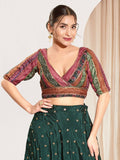 Magenta brocade padded blouse featuring a V-neck and elbow sleeves