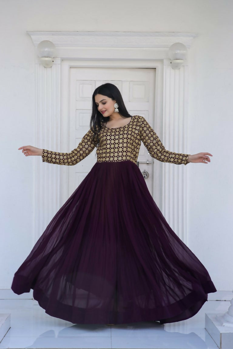 Wine colored faux blooming Anarkali dress with detailed zari and sequence work