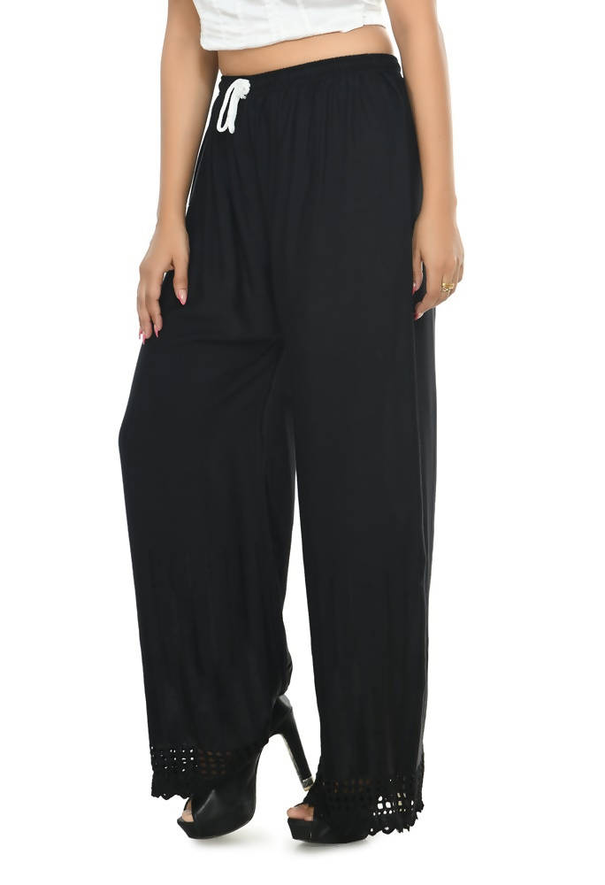 Black Cut Work Border Palazzo Pants in Rayon Cotton