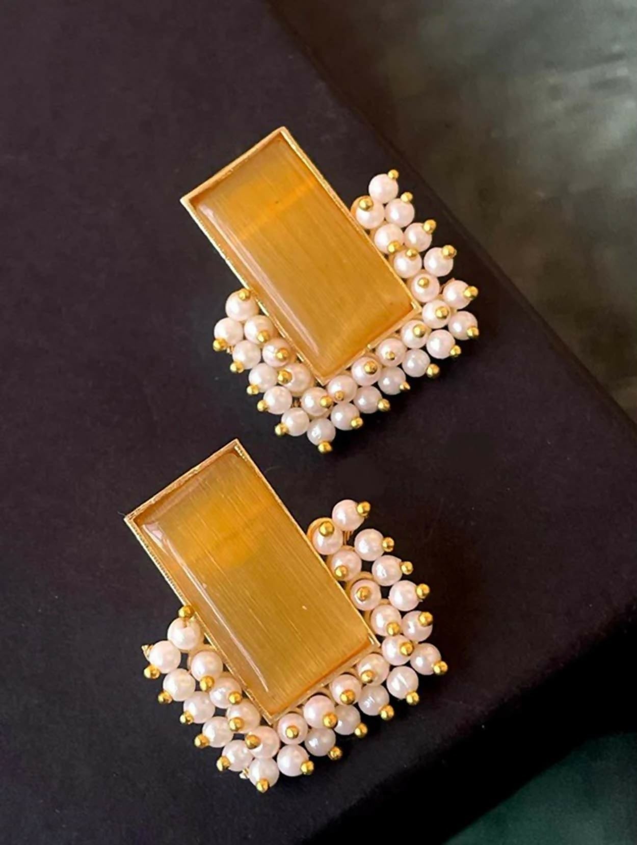Mustard Monalisa stone beaded brass stud earrings.