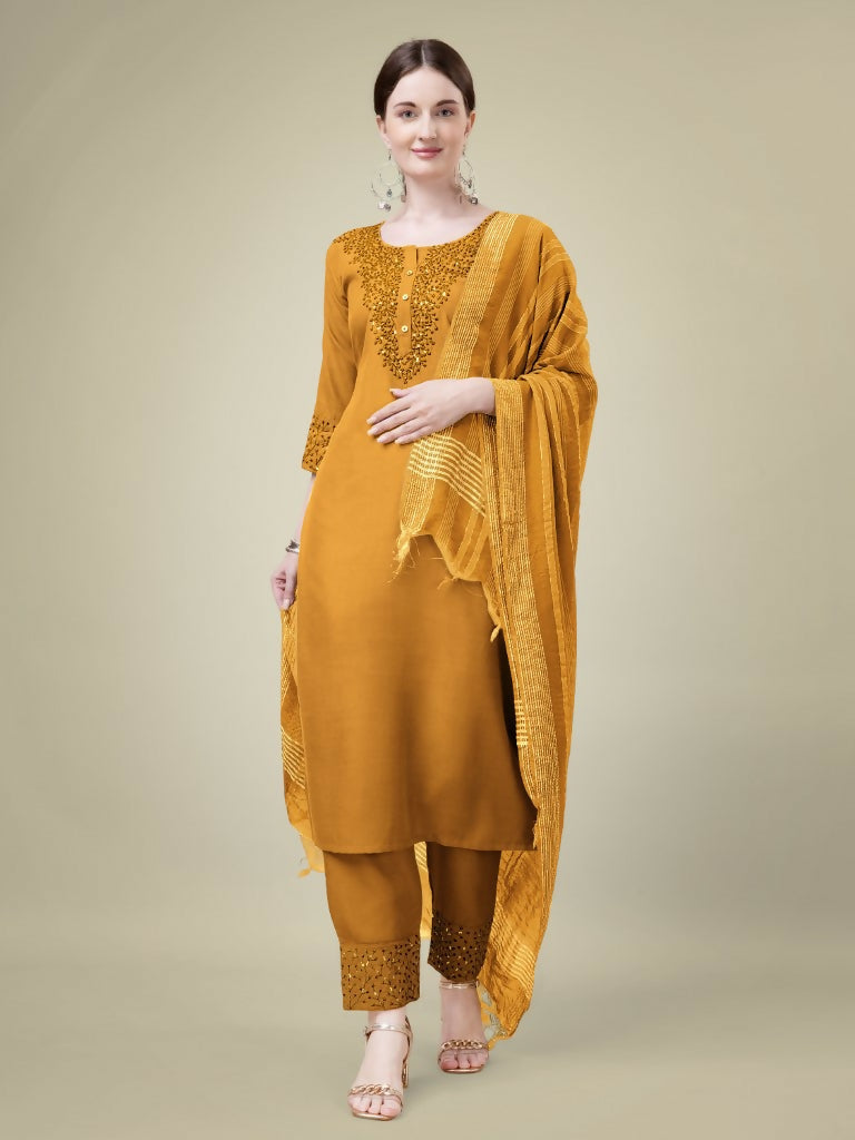 Jyoti Fashion Women's Mustard Cotton Blend Embroidery & Sequence work Kurta with Trouser & Dupatta