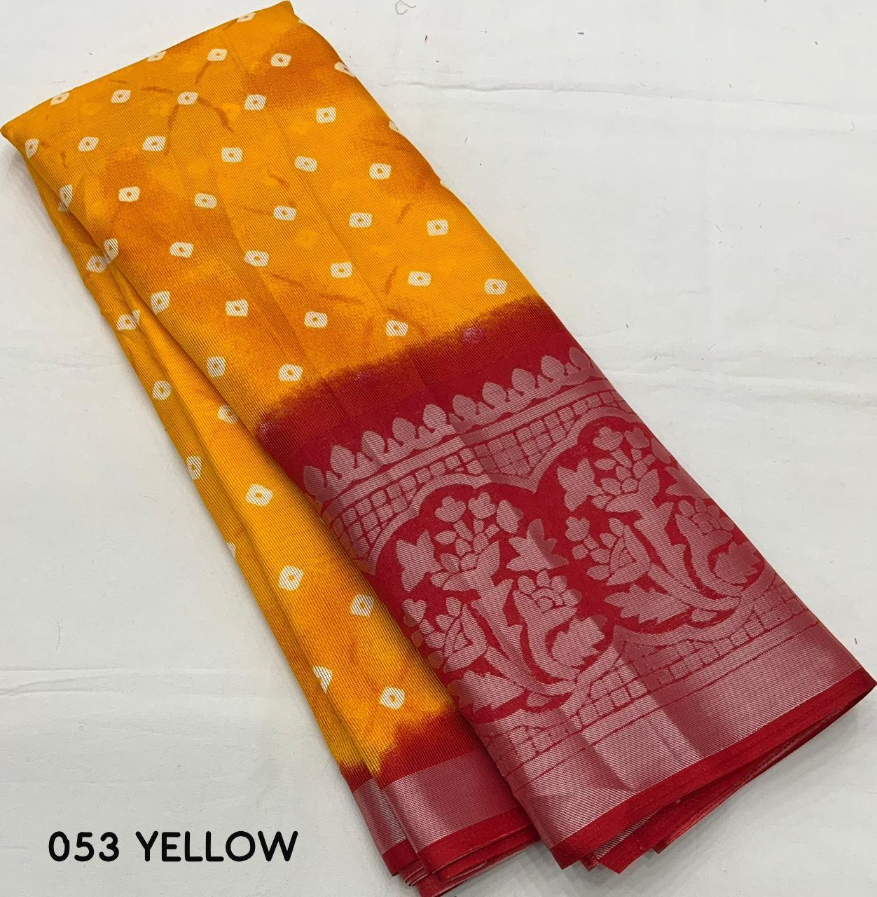 Yellow Jute Silk Printed Saree with Bandez and Cut Broaso Border