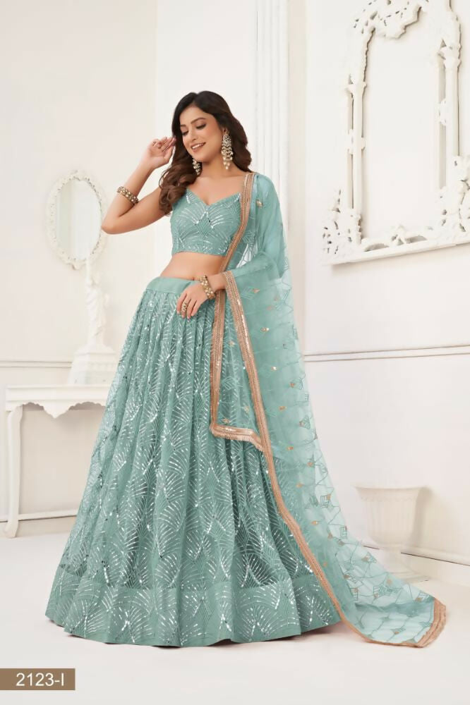 Ocean Blue Butterfly Net Lehenga with Mirror and Sequence Work