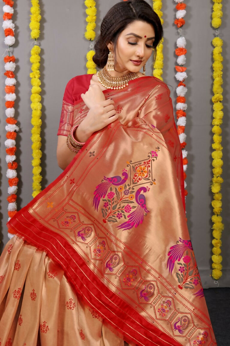 Red Paithani Silk Zari Woven Saree with Matching Blouse