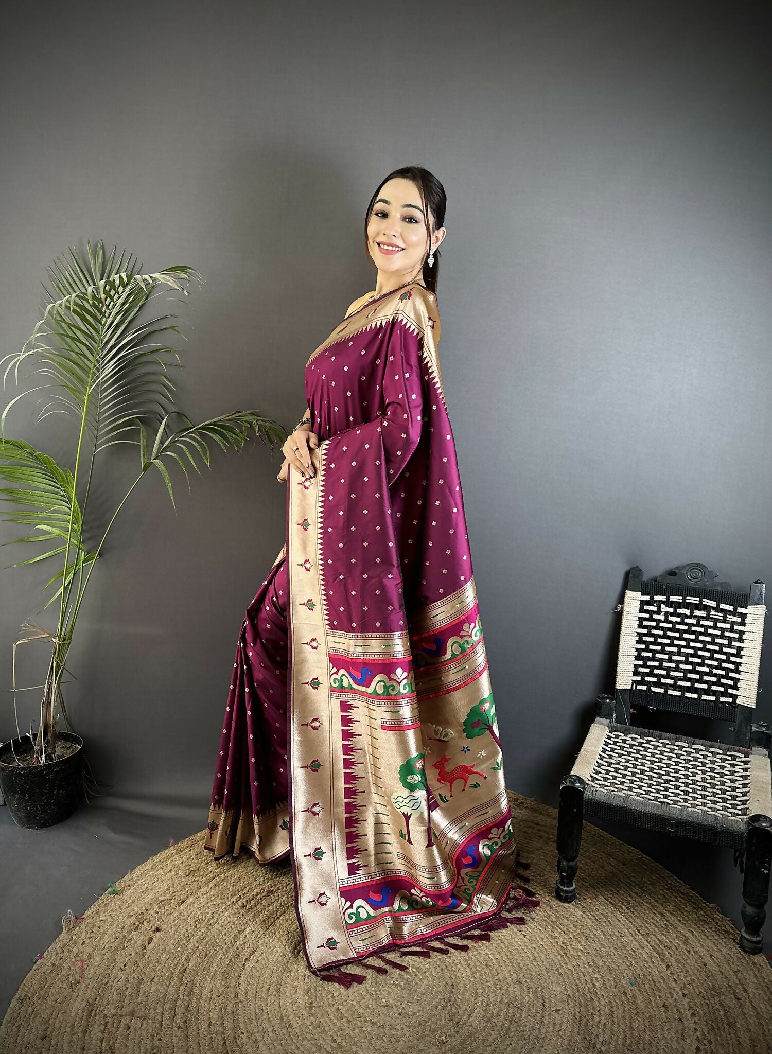 Wine Peacock & Floral Motif Soft Lichi Silk Kanchipuram Saree