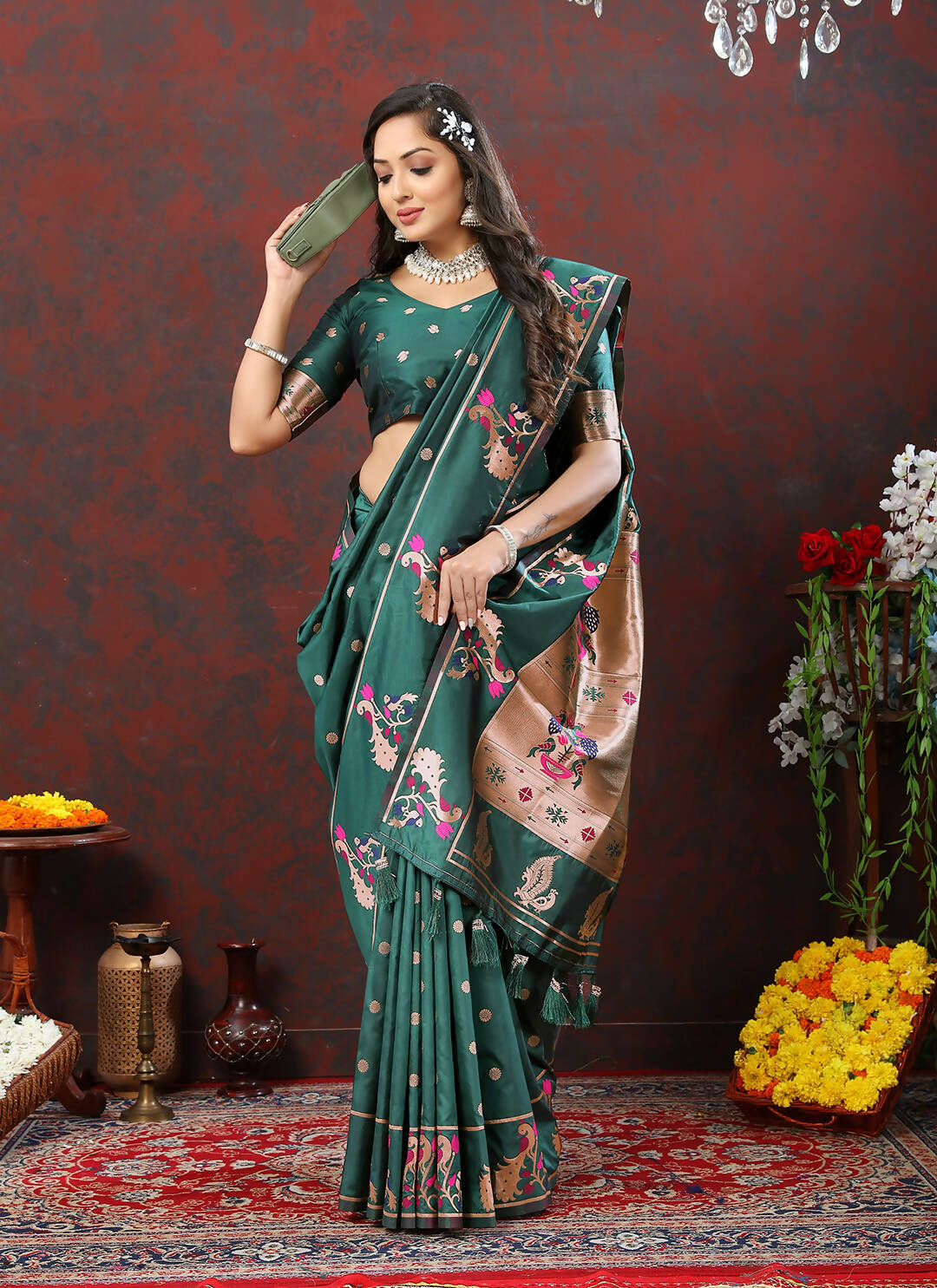 Green Soft Paithani Silk Saree with Copper Zari Meenakari Weaving