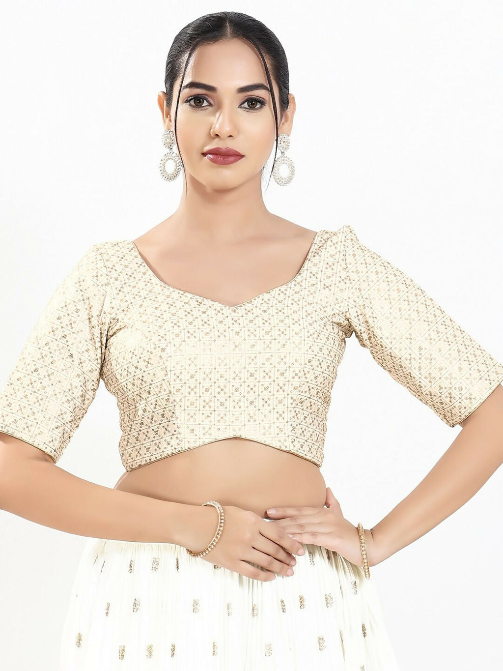 Joban Fashion Off White Silk Padded Blouse With Sweetheart Neck Elbow Sleeves