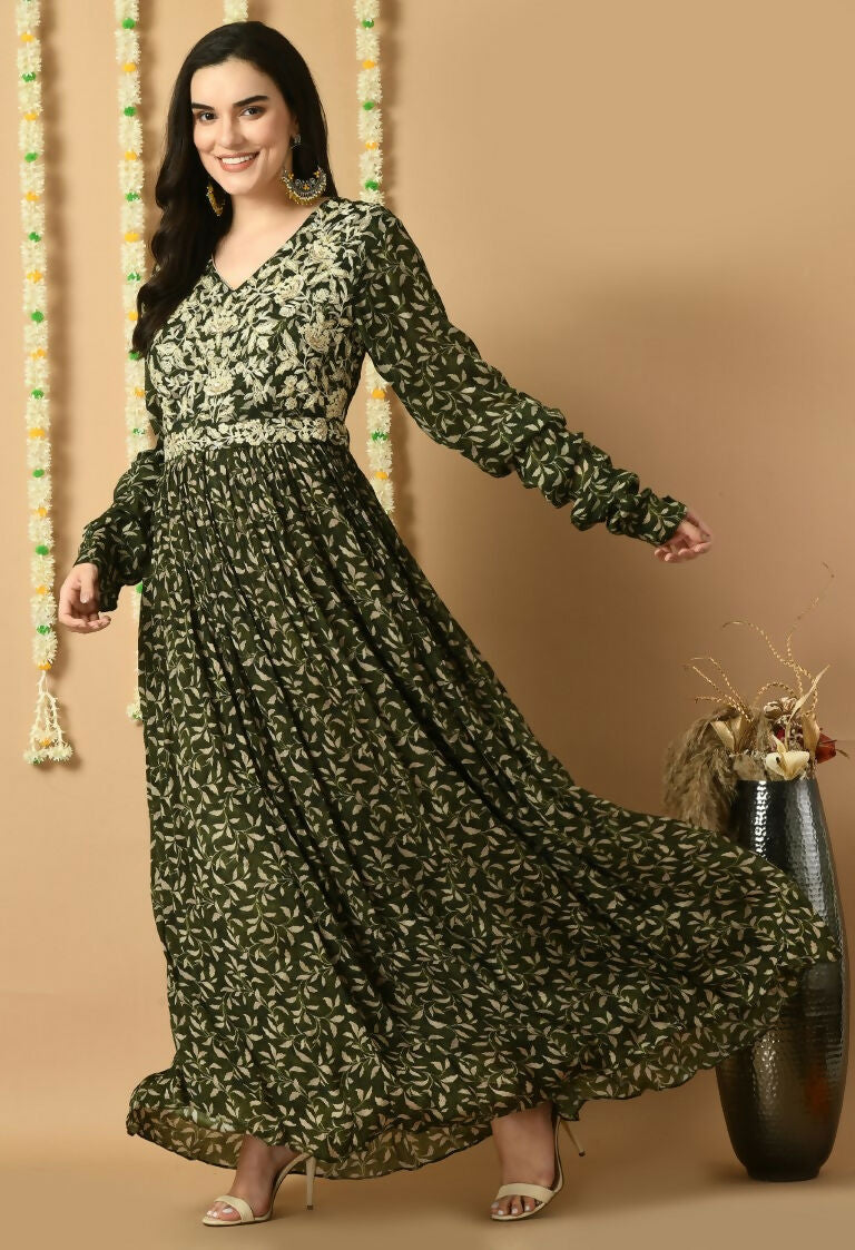 Women's Elegant Green Chinnon Kurta Set - 2 Piece Ethnic Wear