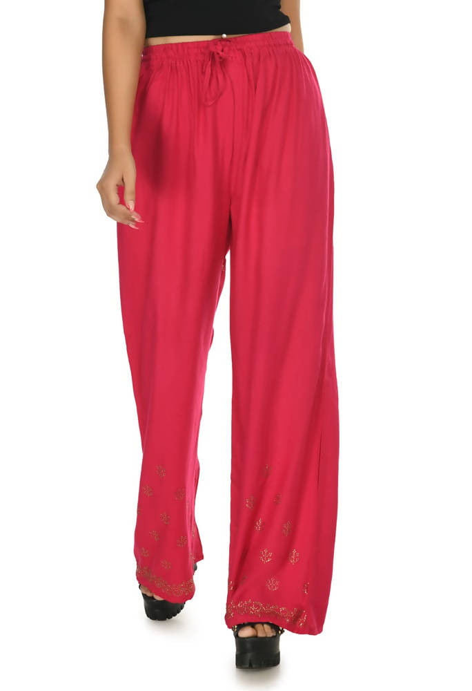 Red Rayon Cotton Palazzo Pants with Traditional Sirsoki Embroidery