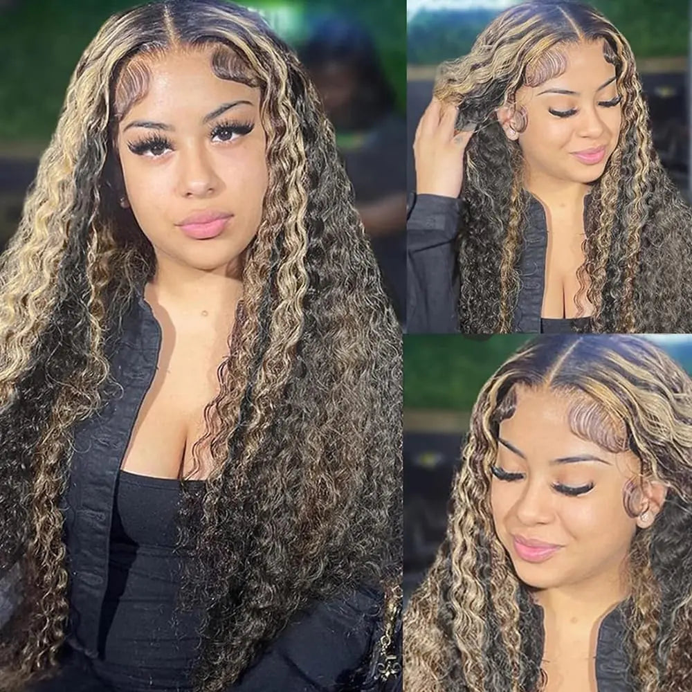 Vlusee 13x6 Deep Wave Lace Front Wigs Human Hair Fb/27 Ombre Blonde Lace Front Wig Human Hair Pre Plucked 13x6 HD Full Lace Frontal Curly Human Hair Glueless Wig for Women 24 Inch