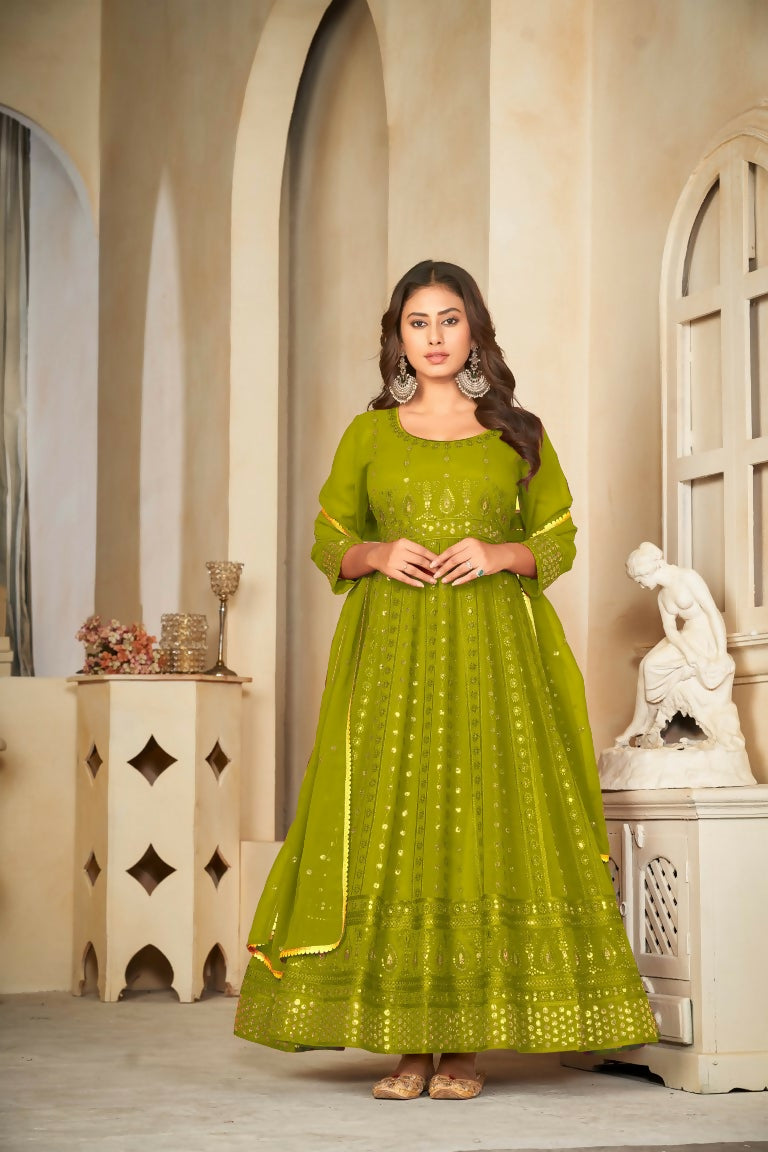 Mehendi green georgette embroidered floor-length Anarkali kurta set with dupatta