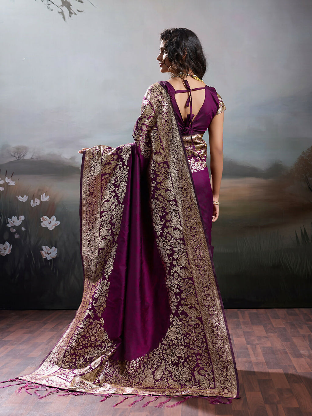 Wine Silk Blend Saree with Coordinating Blouse Piece