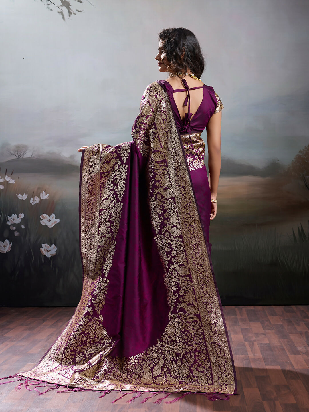 Wine Silk Blend Saree with Coordinating Blouse Piece