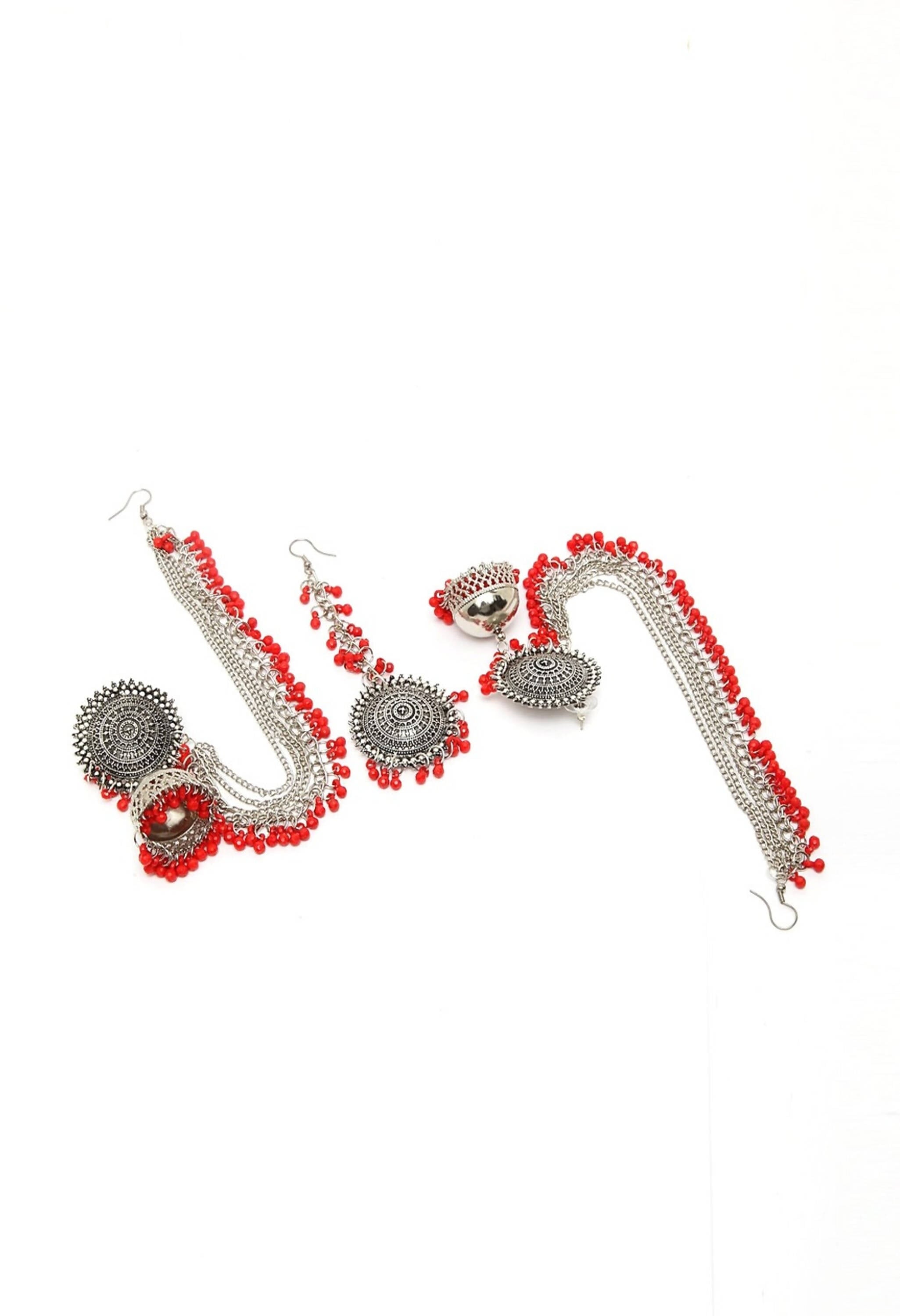 Bahubali Red Beads Earrings with Matching Tikka Set