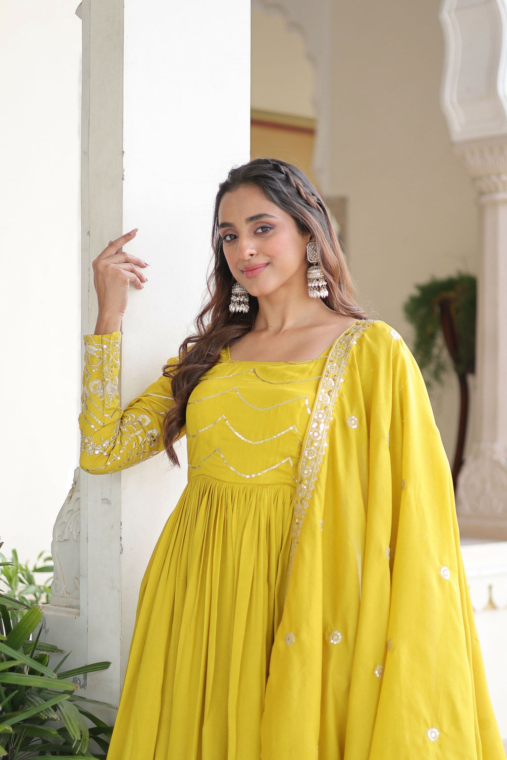 Yellow Silk Readymade Kurta Set with Sequins Embroidery