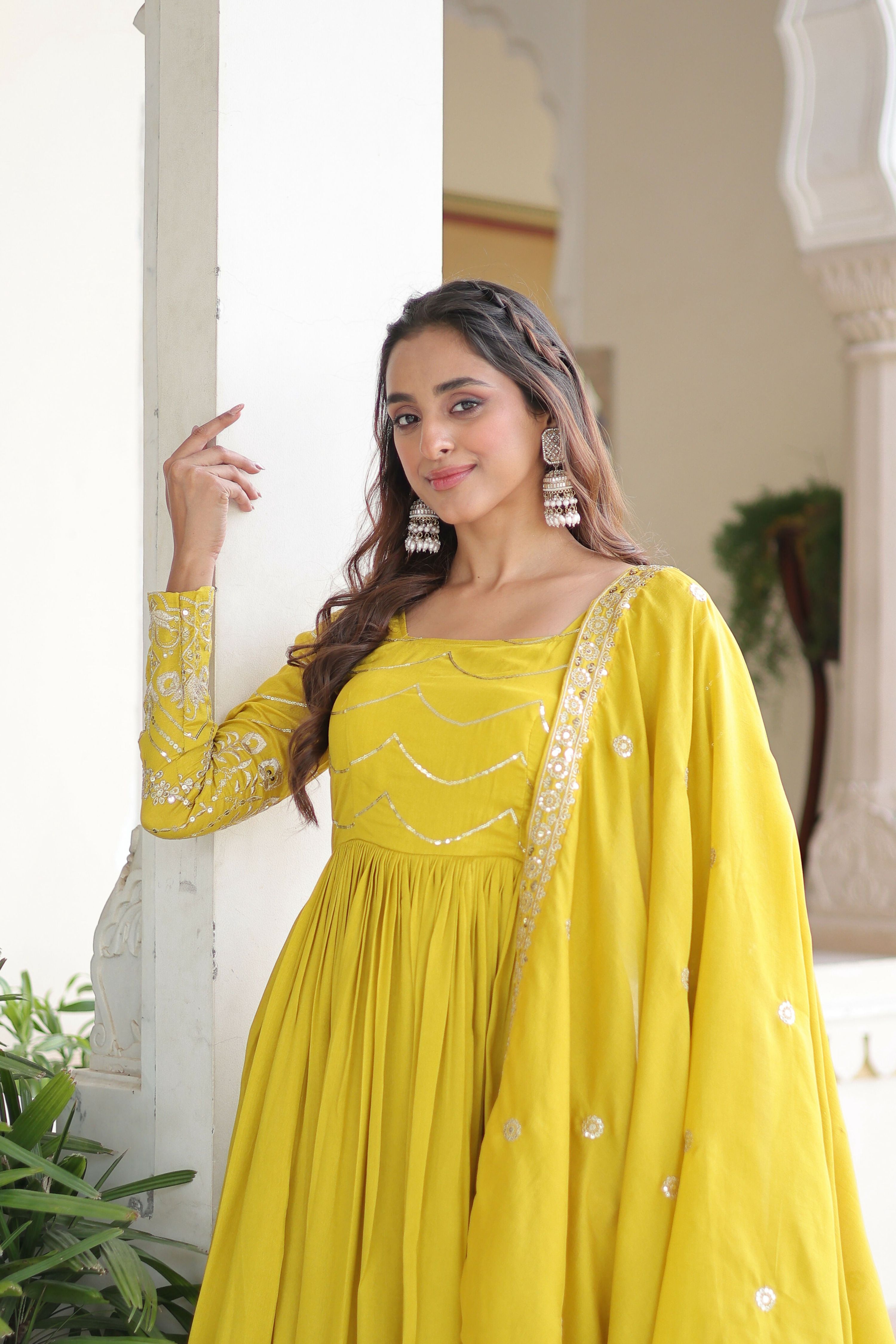 Yellow Silk Readymade Kurta Set with Sequins Embroidery