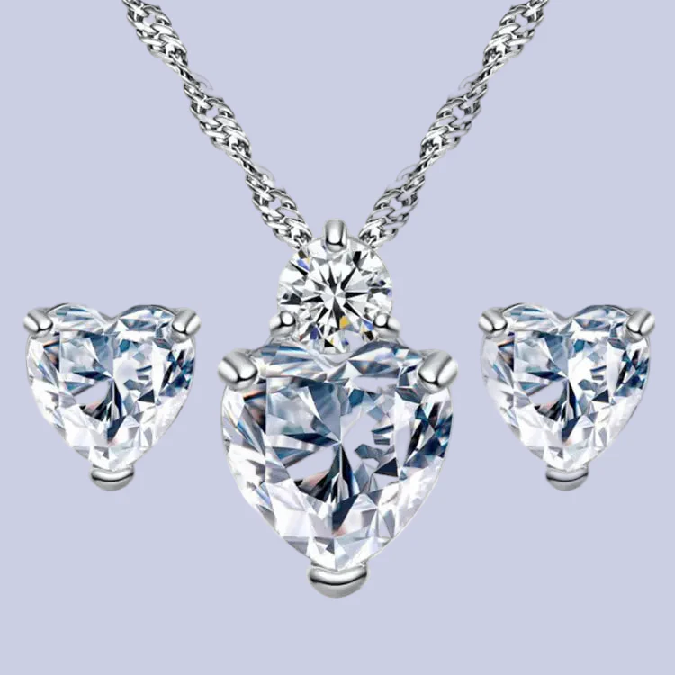 Heart-Shaped Zirconia Earrings and Necklace Set