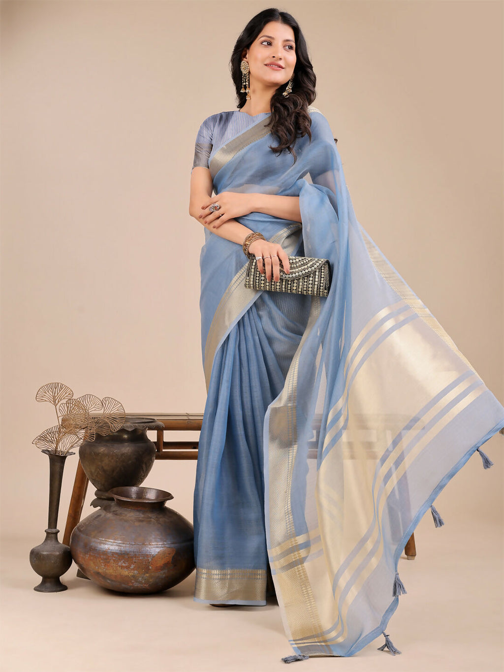 Sky Blue Organza Saree with Matching Blouse