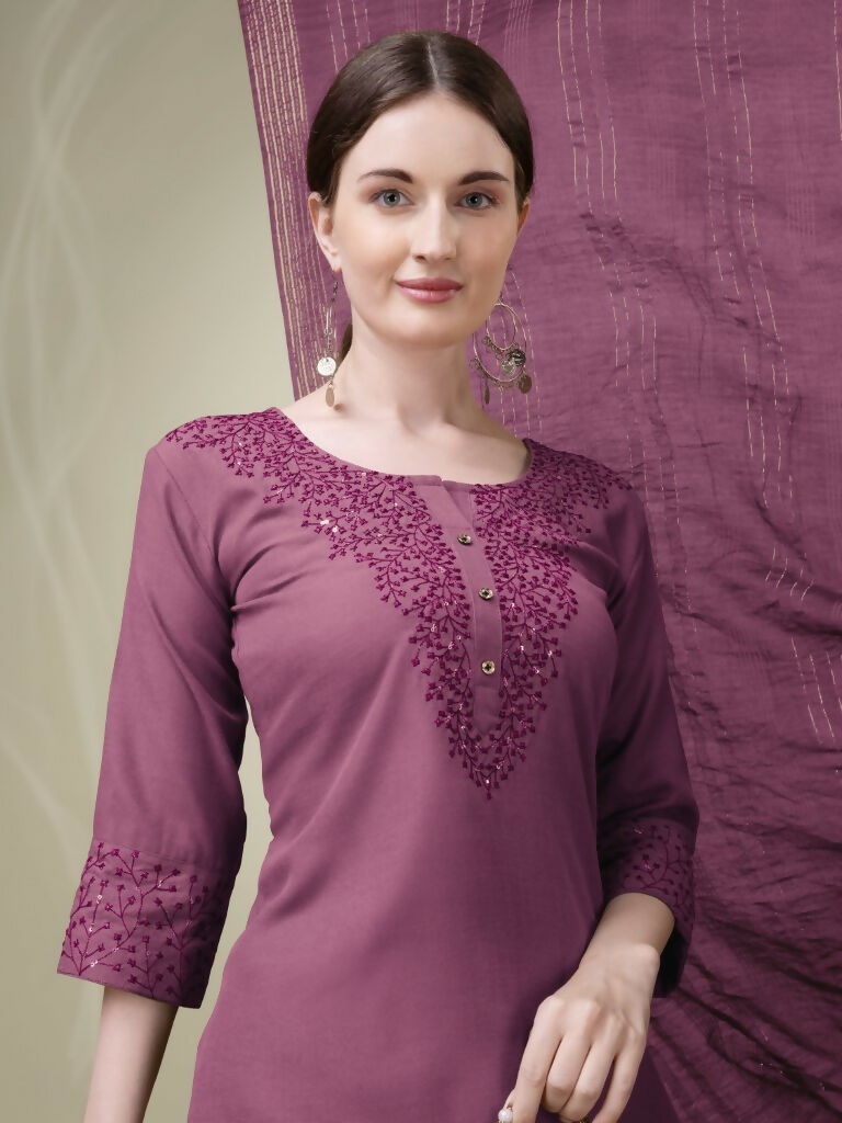 Onion Pink Embroidered Cotton Blend Straight Kurta Set with Dupatta