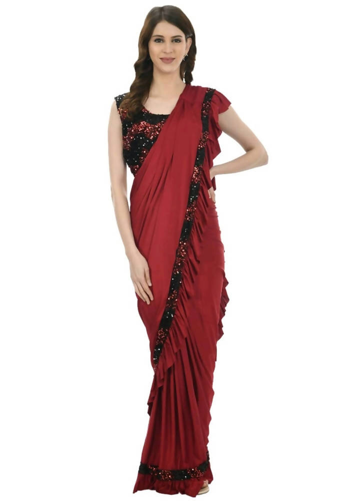 Olive Red and Black ruffled ready-to-wear saree with a sequence-embroidered blouse.