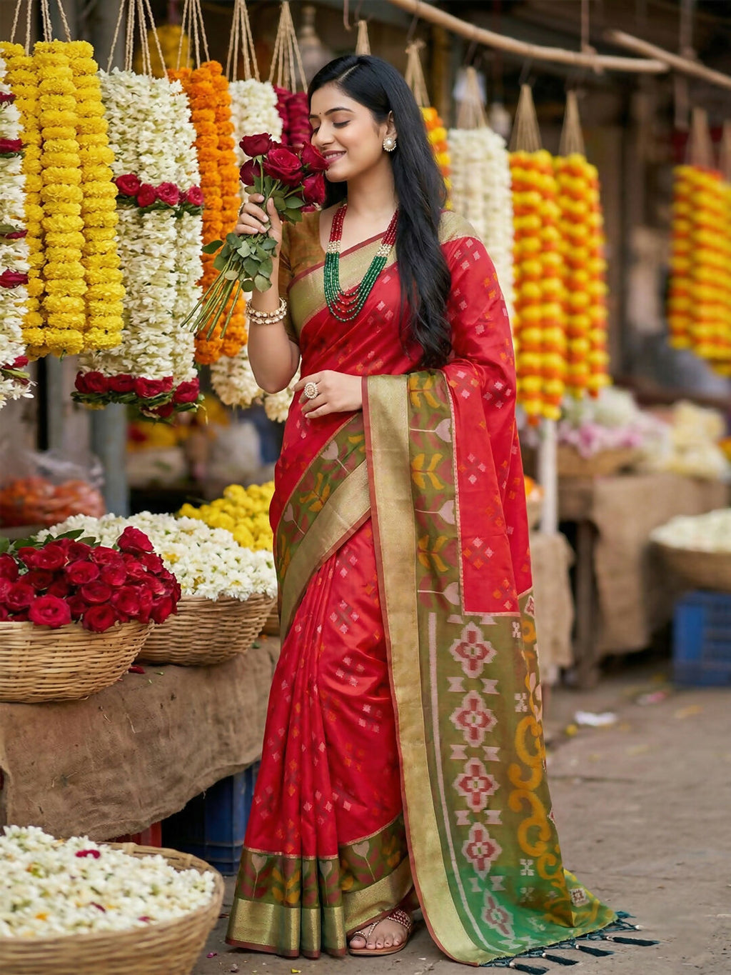 Red Pochampally Silk Saree with Matching Blouse Piece