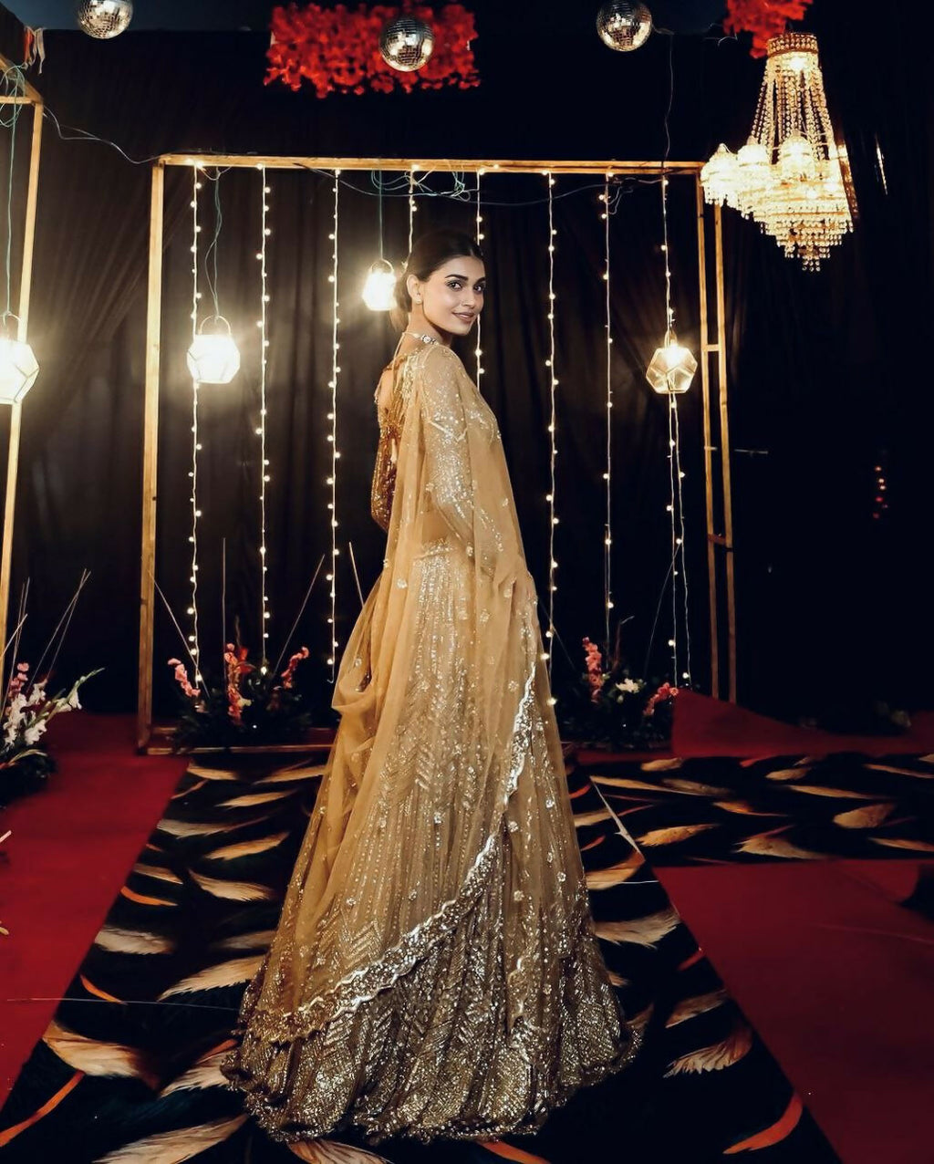 Beige Kasturi Silk Georgette Sequins and Dori Embroidered Lehenga
