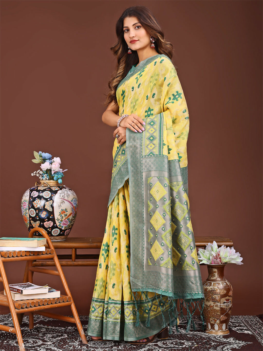 Women's Yellow Linen Cotton Saree with Green Blouse