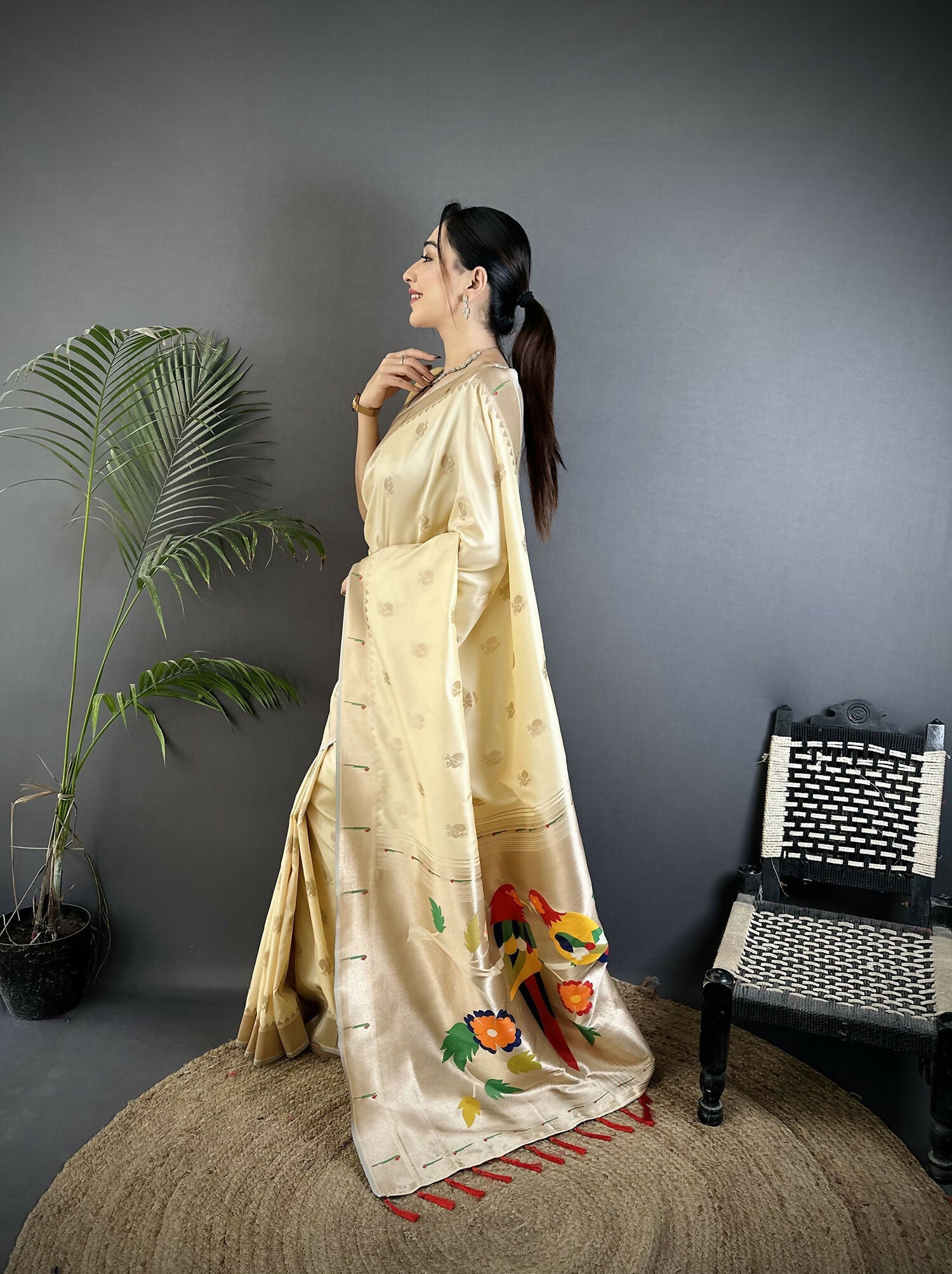 Off-White Peacock & Floral Motif Soft Silk Kanchipuram Saree