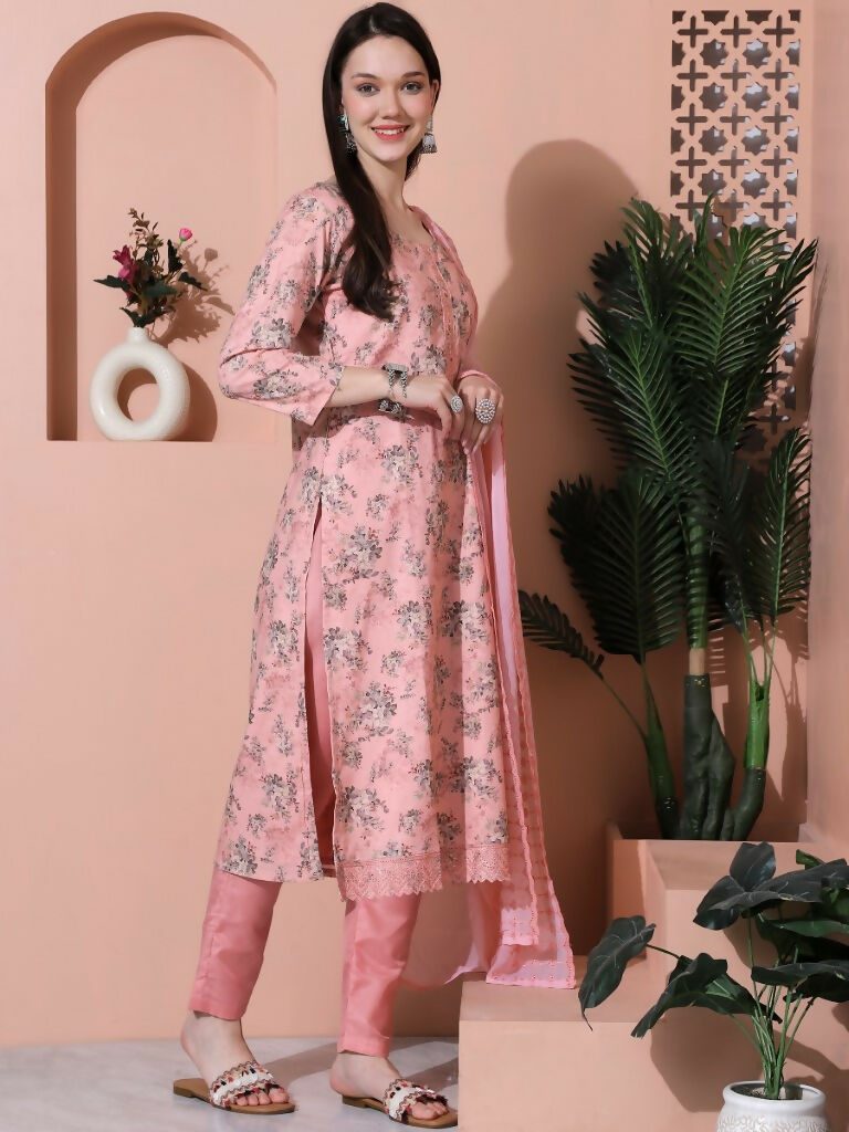 Women's Pink Cotton Floral Digital Print Kurta Trouser & Dupatta