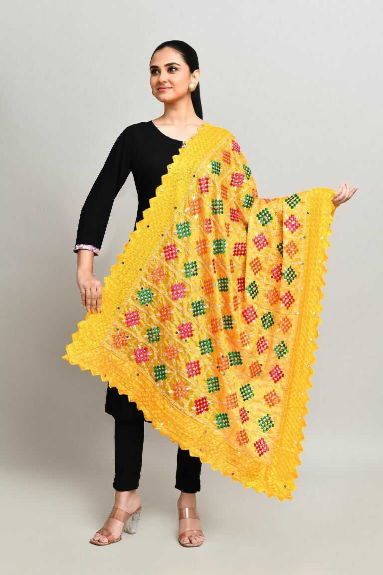 Multi Color Phulkari Dupatta with Traditional Cotton Embroidery