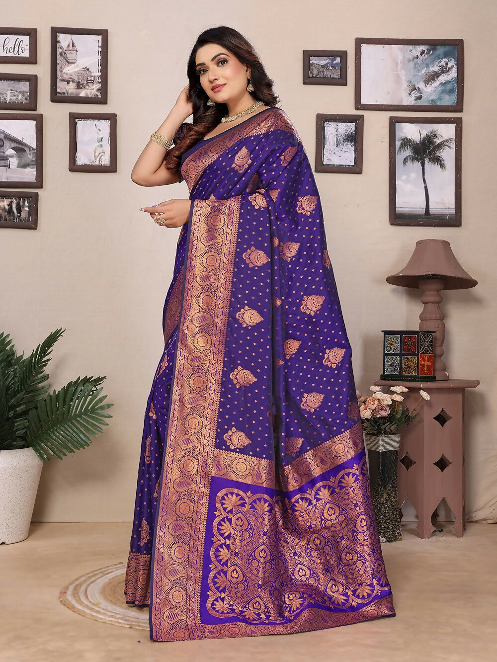 Navy Blue Banarasi Woven Soft Silk Saree with Blouse Piece