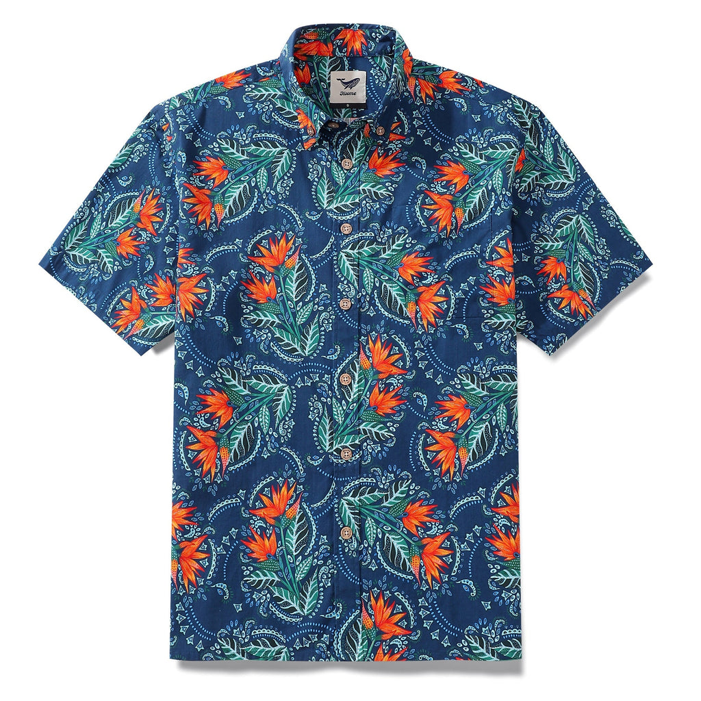 Birds of Paradise print cotton Hawaiian shirt designed by Fizah Malik.