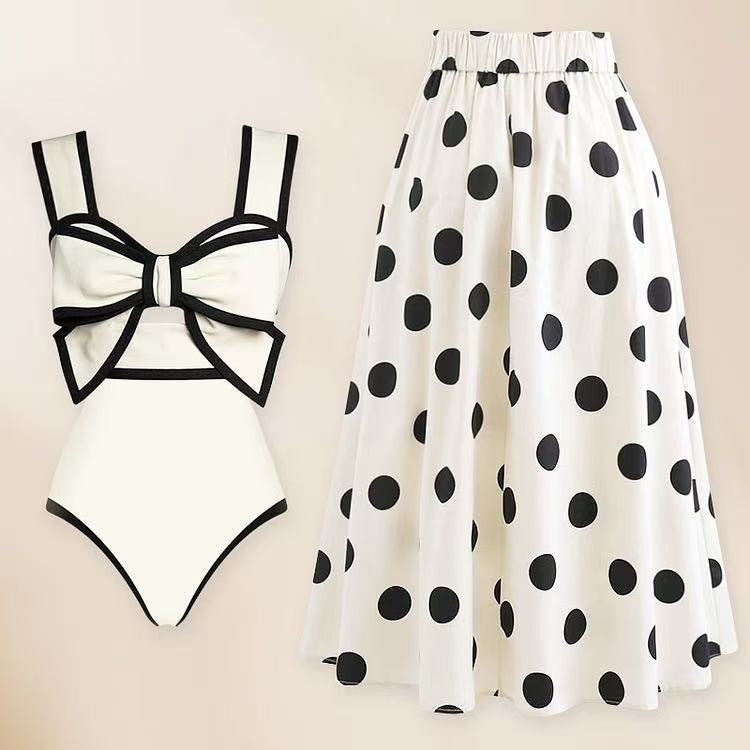 Women's Retro Polka Dot Sleeveless A-Line Midi Swimwear Skirt Suit