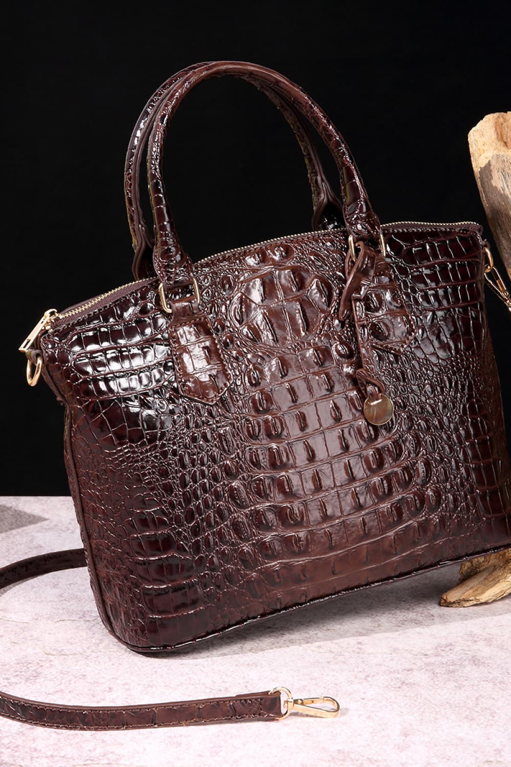 PU Leather Handbag with Animal Print - Brown Medium Bag