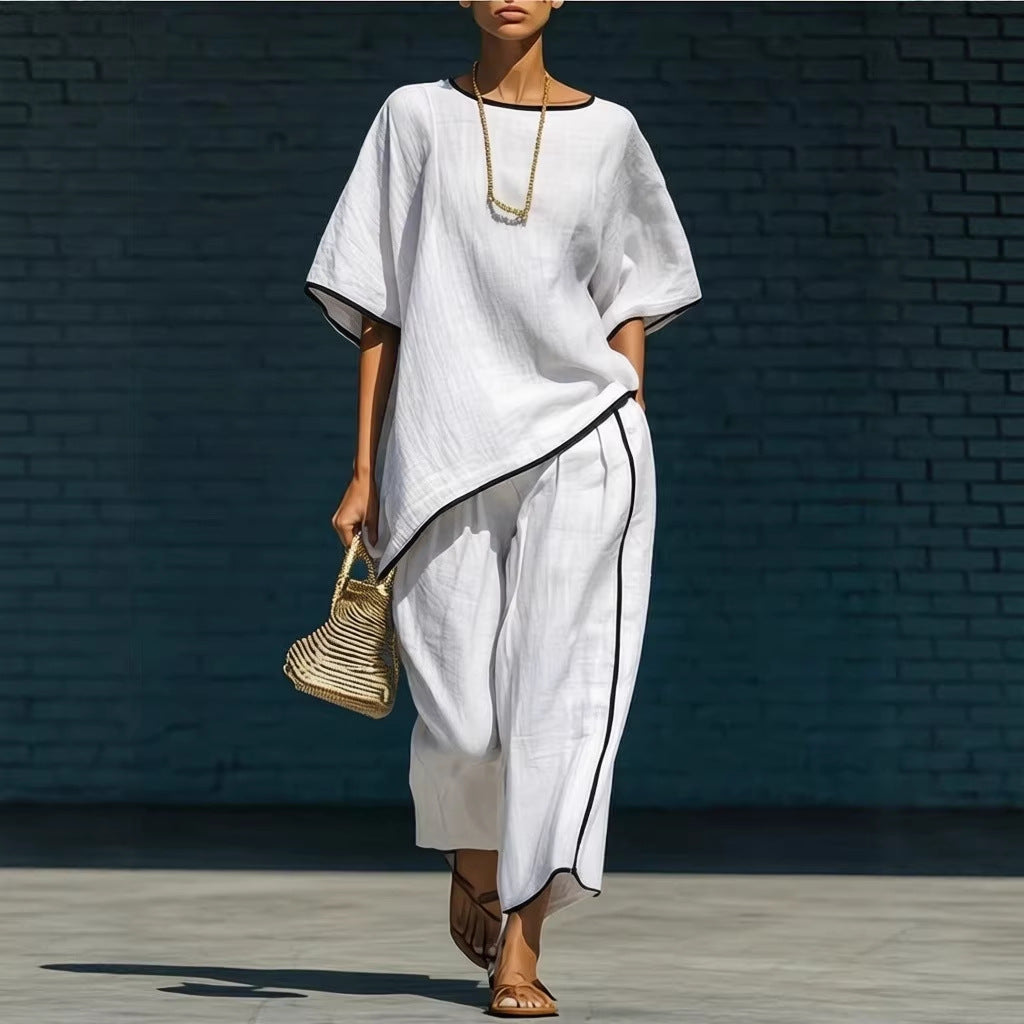 Women's Loose Linen-Blend Short Sleeve Top and Pant Set - Image 5