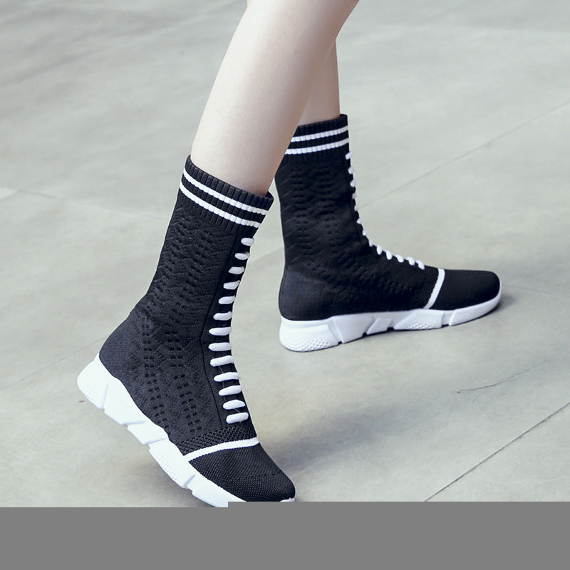 Autumn European Style Chunky Sole Knit Boots for Women