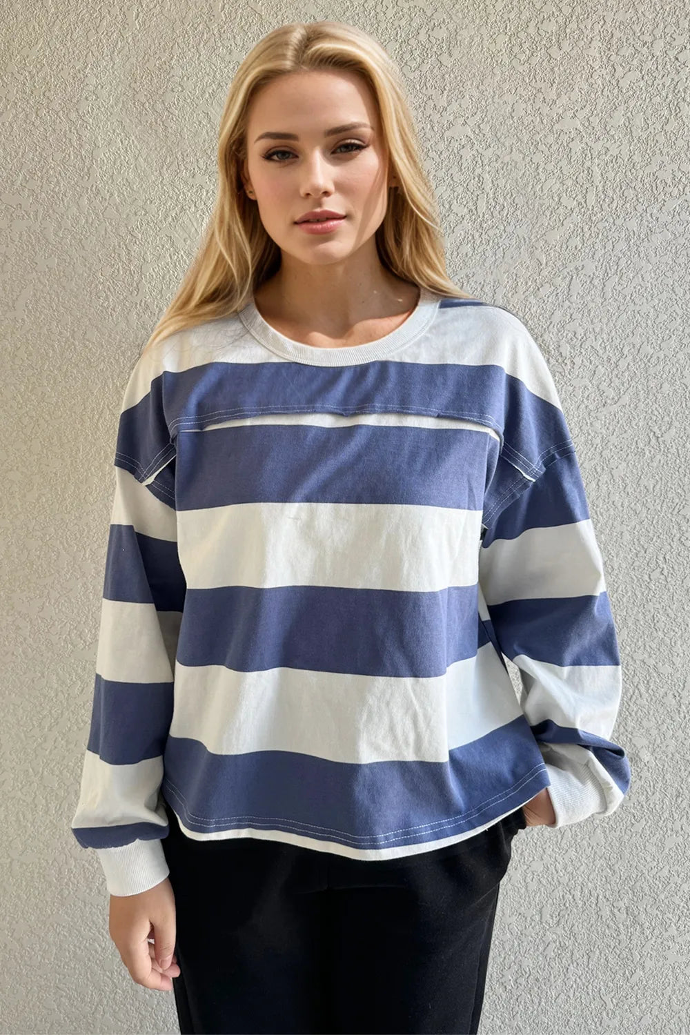 Pima Cotton Striped Long Sleeve T-Shirt | Exposed Seam Crew Neck